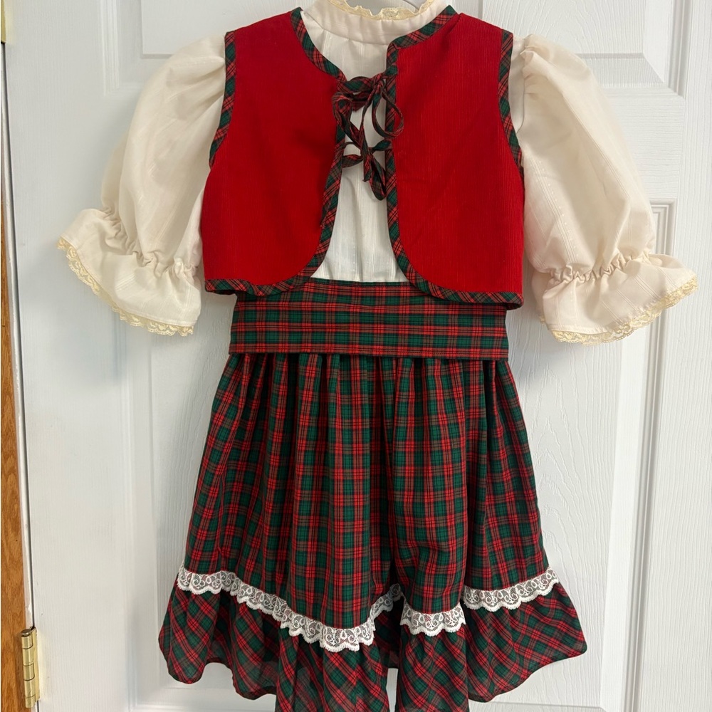 Handmade Vintage Cottage Core Girls Red Green Plaid Christmas Dress